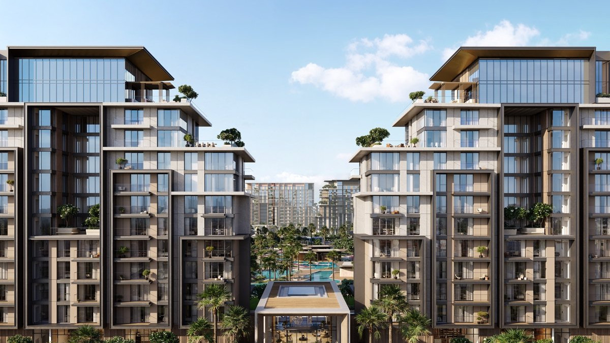 Vue extérieure des tours de City Walk Crestlane 1 à Dubaï avec jardins et piscines