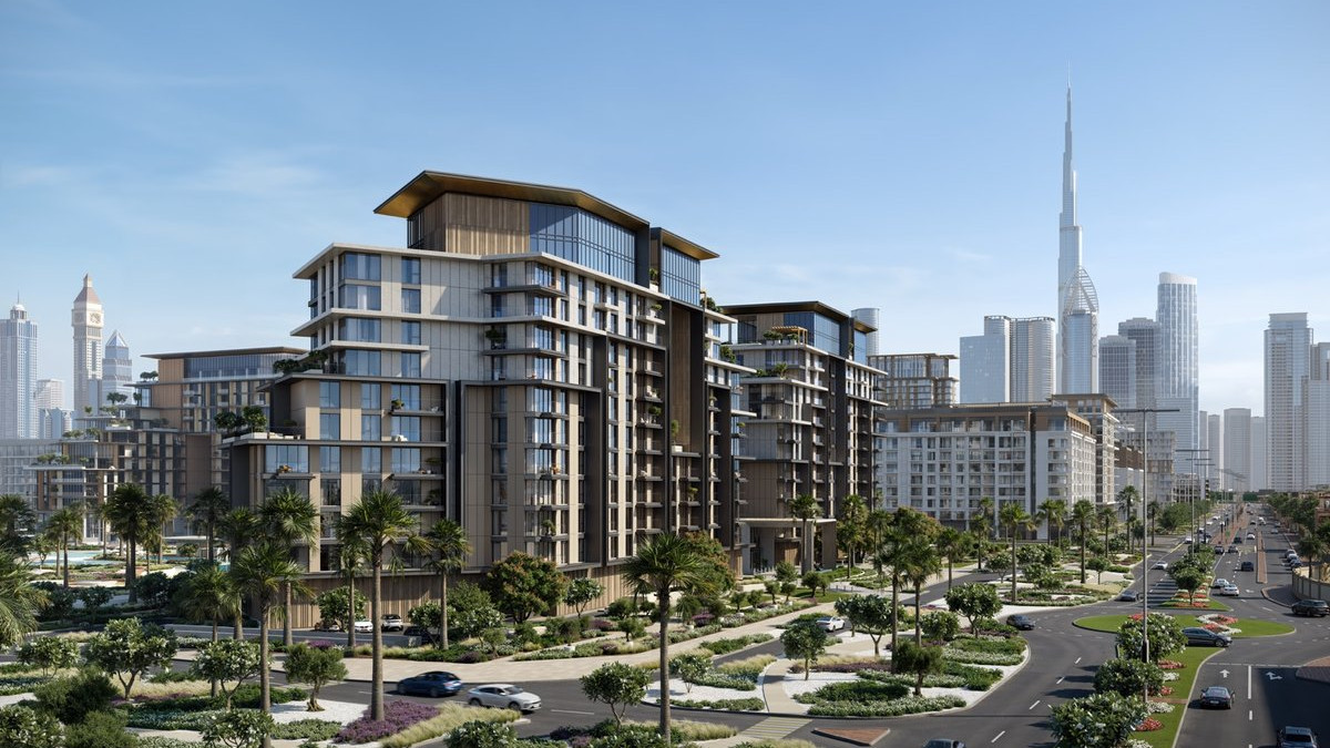 Vue extérieure des tours de City Walk Crestlane 1 à Dubaï avec jardins et piscines