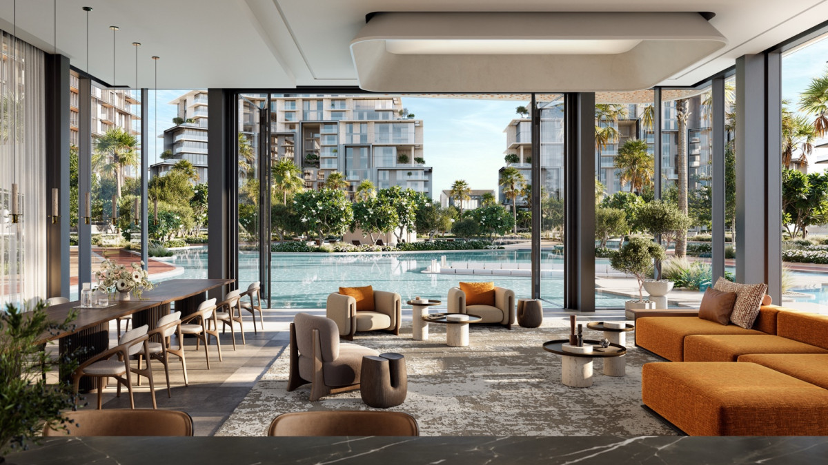 Espace lounge intérieur élégant avec vue panoramique sur les jardins et la piscine de City Walk Crestlane