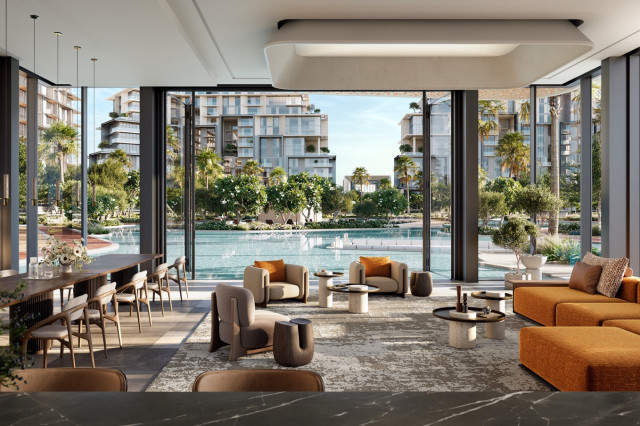 Espace lounge intérieur élégant avec vue panoramique sur les jardins et la piscine de City Walk Crestlane