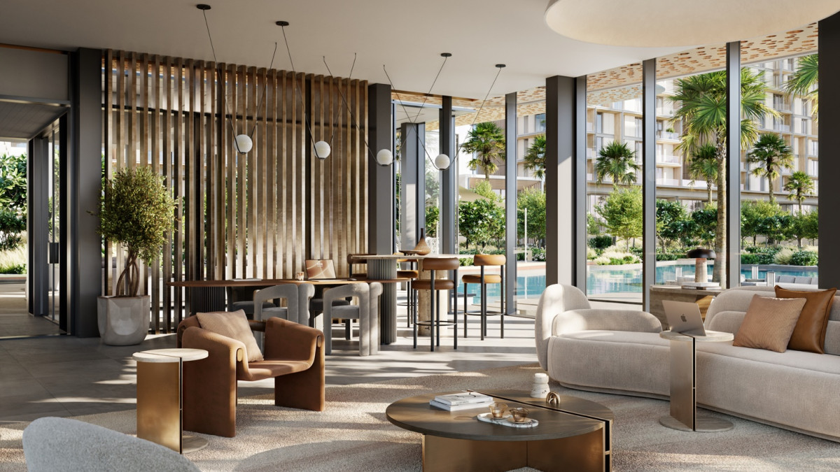 Espace de coworking ou lounge moderne dans un cadre calme et raffiné avec vue sur piscine