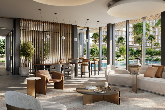 Espace de coworking ou lounge moderne dans un cadre calme et raffiné avec vue sur piscine