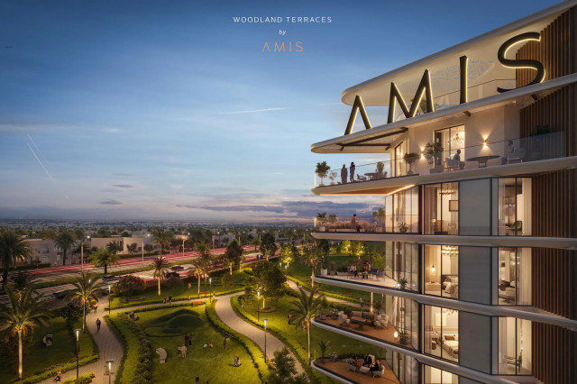 Façade et balcons de Woodland Terraces by AMIS au coucher du soleil