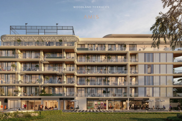 Façade principale de Woodland Terraces by AMIS à Meydan, Dubaï