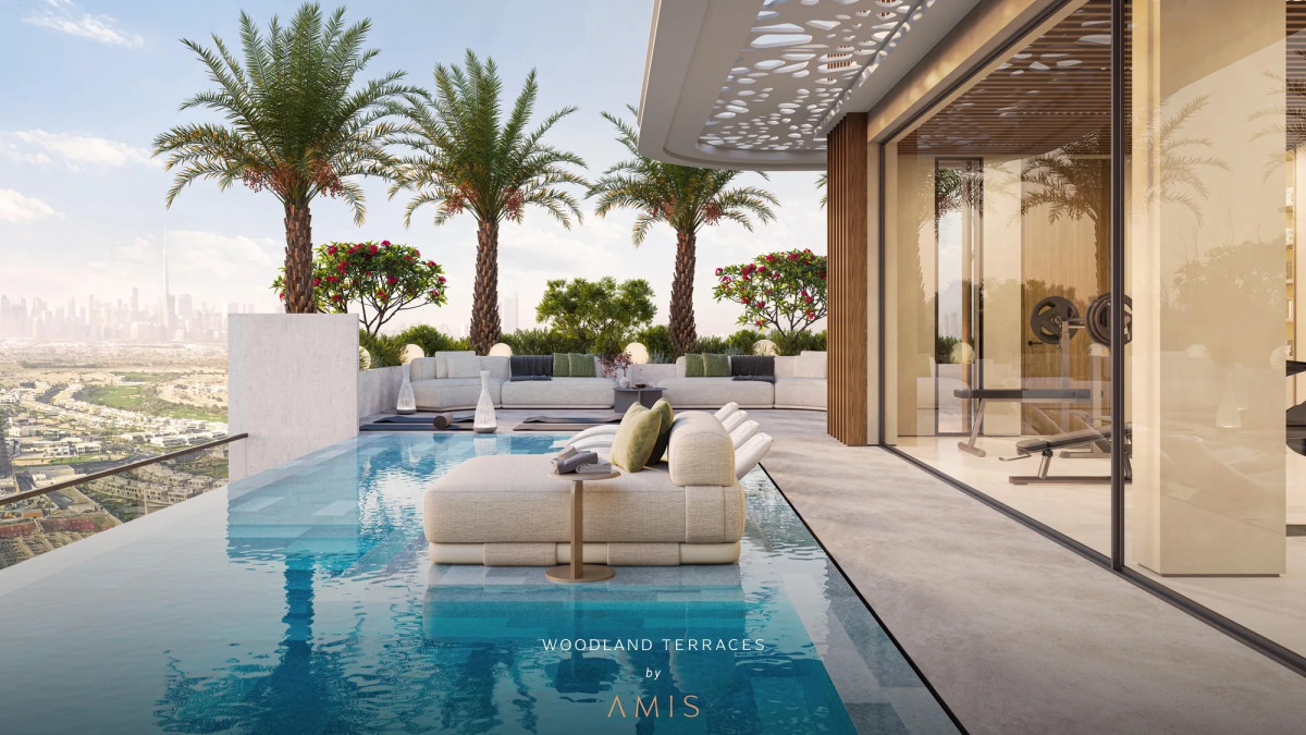 Piscine et espace lounge sur le rooftop de Woodland Terraces