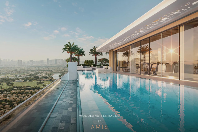 Piscine sur le rooftop avec vue sur Dubaï à Woodland Terraces