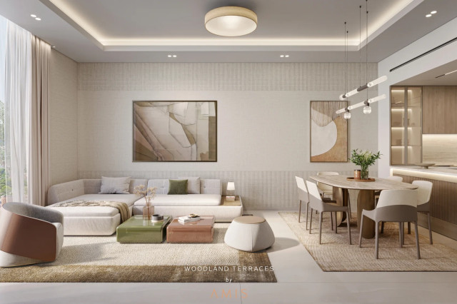Salon contemporain d’un appartement à Woodland Terraces