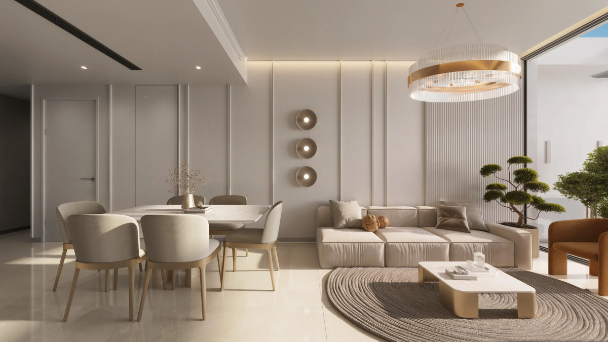 Salon et salle à manger d’un appartement Woodland Crest à Dubaï