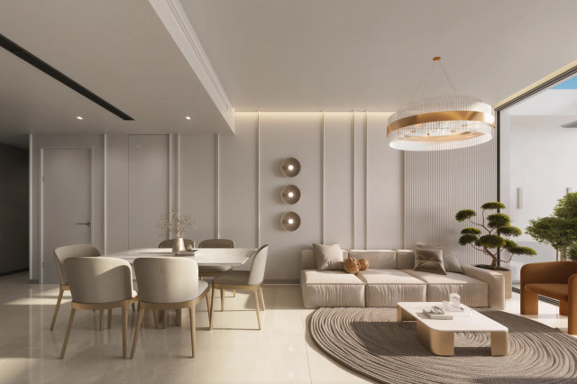 Salon et salle à manger d’un appartement Woodland Crest à Dubaï